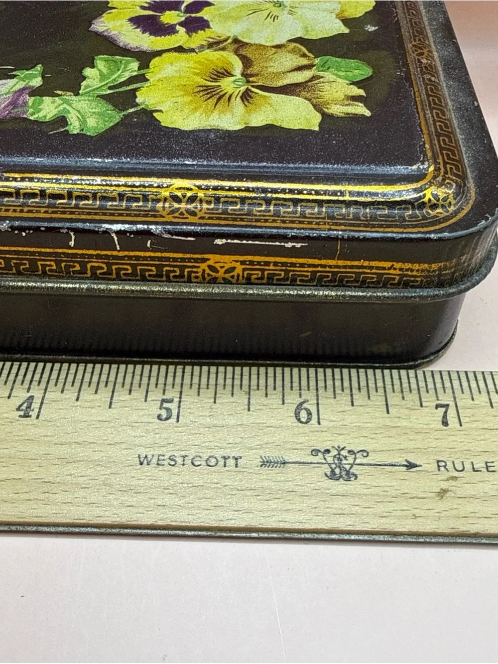 Antique Advertisement Tin Chocolate Candy Box Pansy Flowers LOFT NY Flip Top Lid